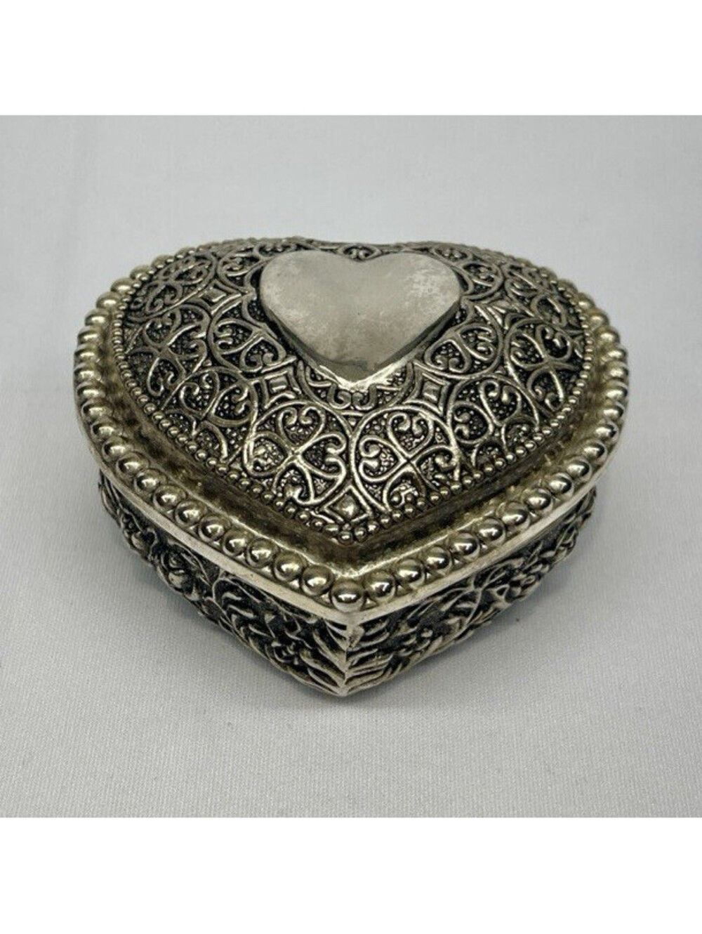 Heart-Shaped 3”x3” Trinket Box Silver Tone Metal Ornate with Velvet Lining